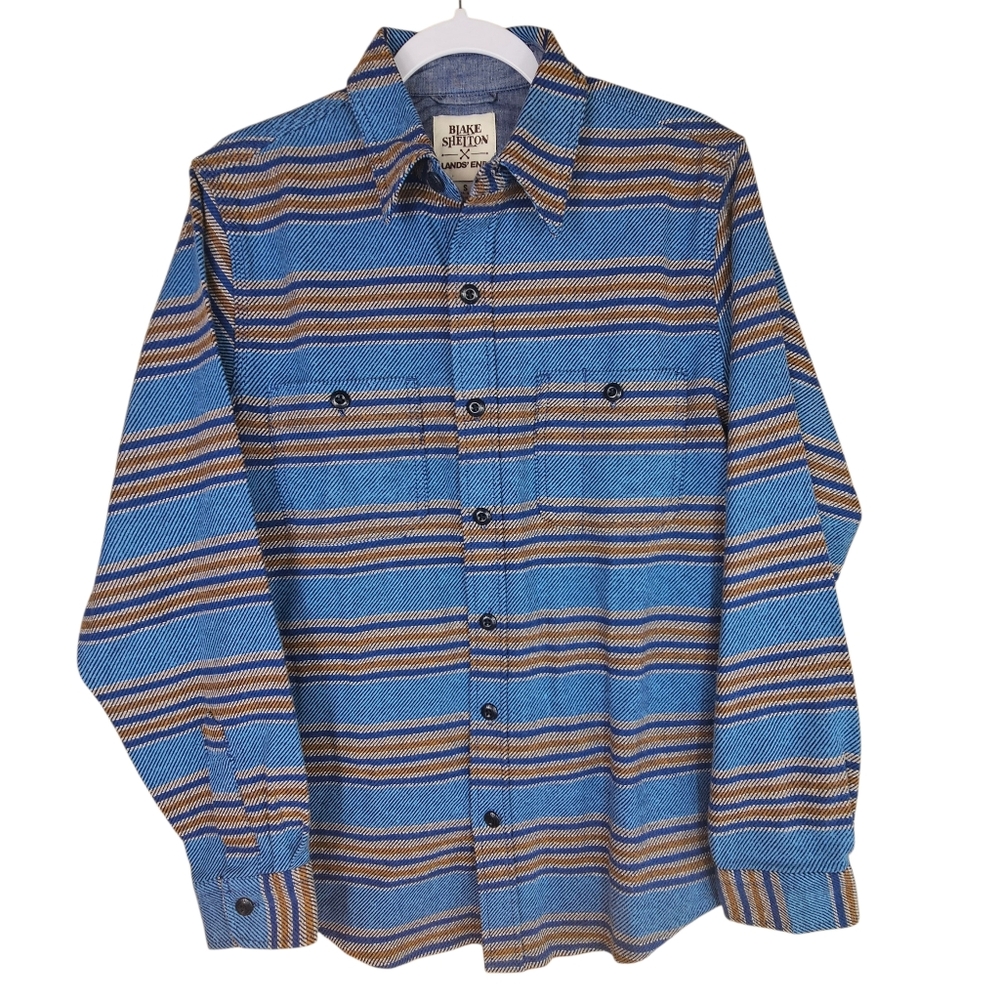 Blake Shelton X Lands' End Men's Blue and Tan Striped Flannel Shirt